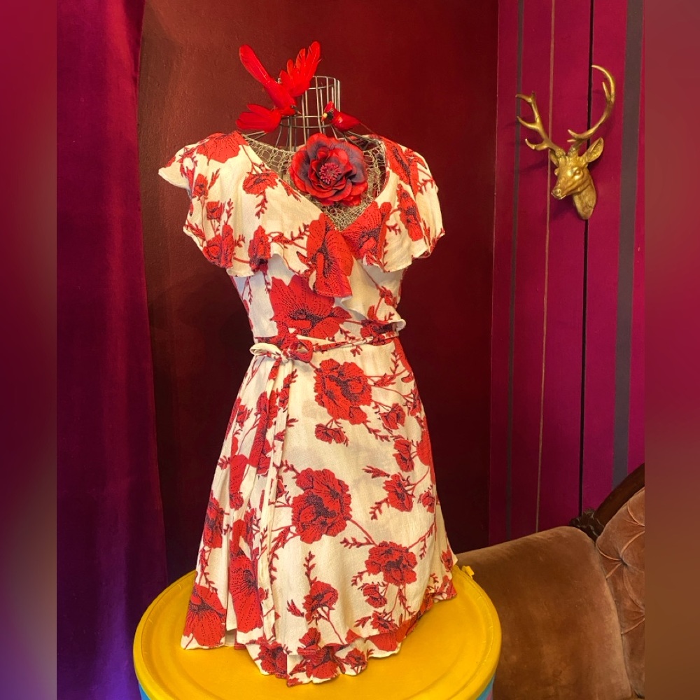 Free People, French Quarter, Hibiscus, Wrap Around Red Dress, Medium